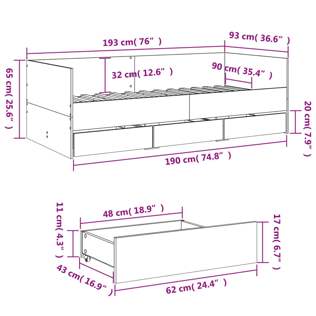 Slaapbank met lades zonder matras 90x190 cm sonoma eikenkleurig is nu te koop bij PeponiXL, paradijselijk wonen!