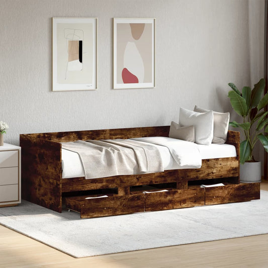 Slaapbank met lades zonder matras 90x190 cm gerookt eikenkleur is nu te koop bij PeponiXL, paradijselijk wonen!