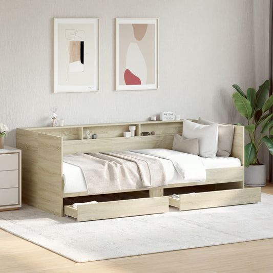 Slaapbank met lades zonder matras 90x200 cm sonoma eikenkleurig is nu te koop bij PeponiXL, paradijselijk wonen!