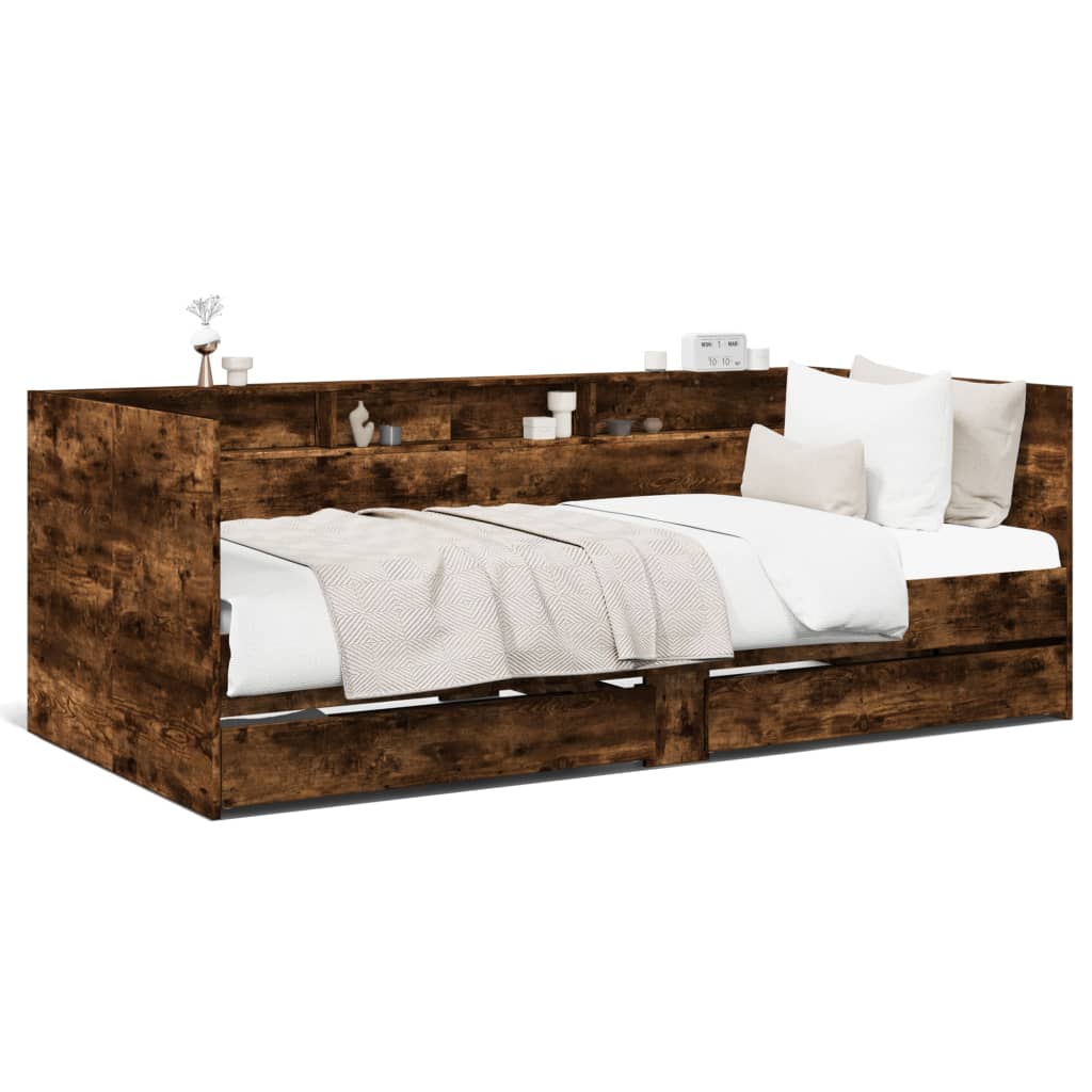 Slaapbank met lades zonder matras 90x190 cm gerookt eikenkleur is nu te koop bij PeponiXL, paradijselijk wonen!