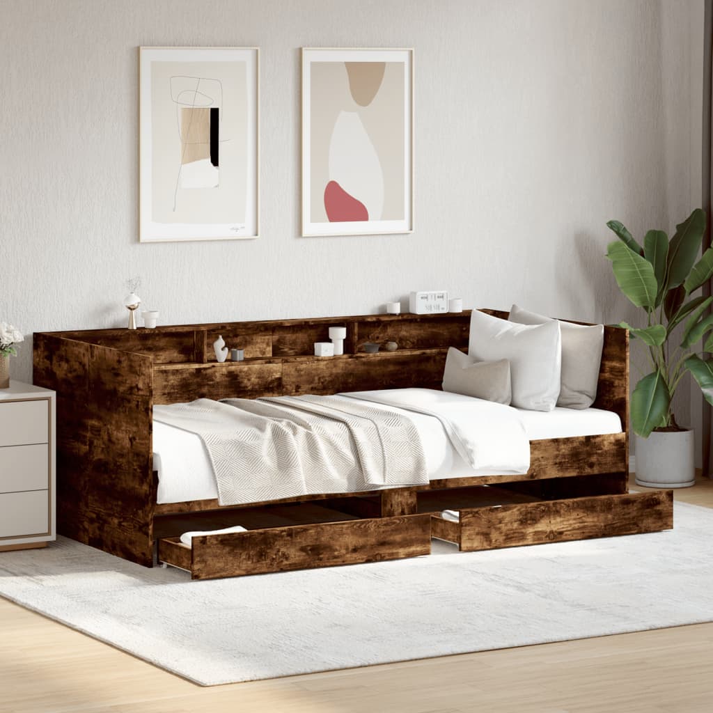 Slaapbank met lades zonder matras 90x190 cm gerookt eikenkleur is nu te koop bij PeponiXL, paradijselijk wonen!