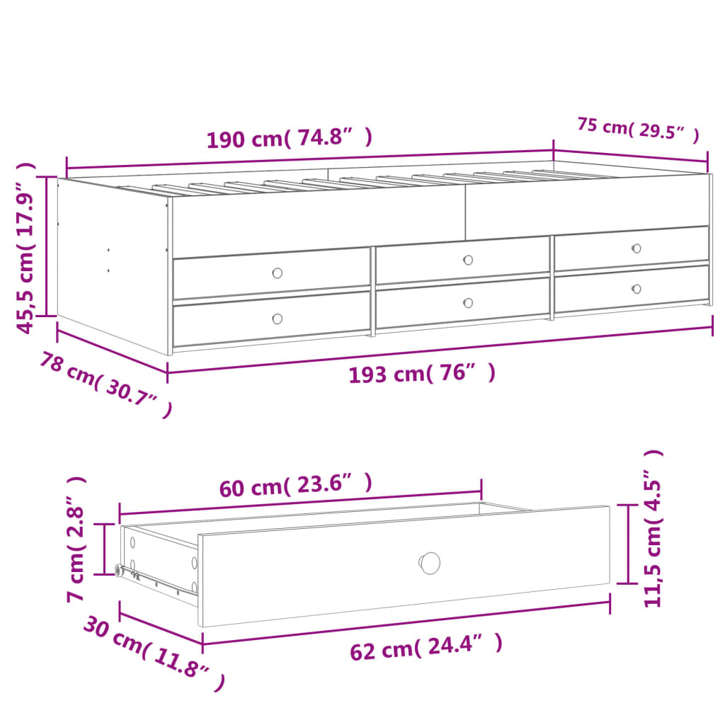 Slaapbank met lades zonder matras 75x190 cm wit is nu te koop bij PeponiXL, paradijselijk wonen!