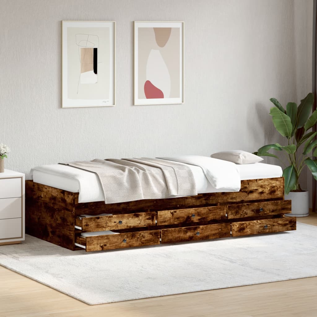 Slaapbank met lades zonder matras 75x190 cm gerookt eikenkleur is nu te koop bij PeponiXL, paradijselijk wonen!
