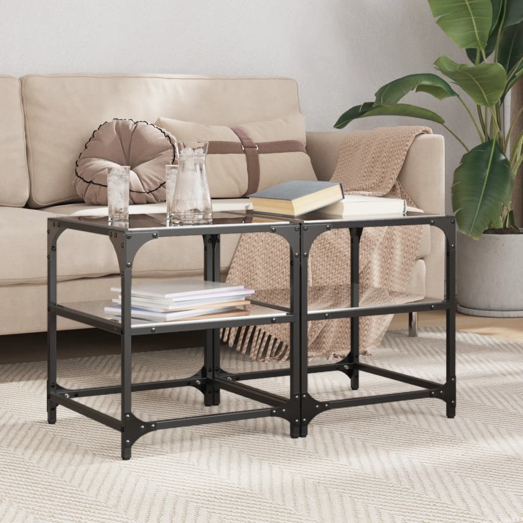Salontafels 2 st met zwart glazen blad 40x40x45 cm staal is nu te koop bij PeponiXL, paradijselijk wonen!
