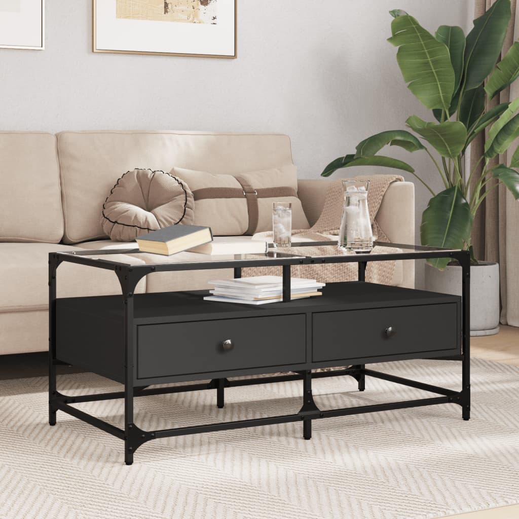 Salontafel met zwart glazen blad 98,5x50x45 cm staal is nu te koop bij PeponiXL, paradijselijk wonen!