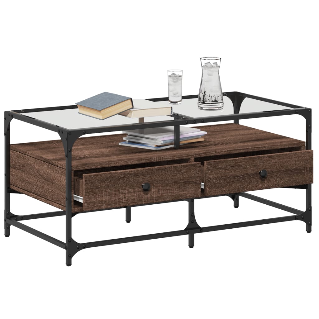 Salontafel met glazen blad 98,5x50x45 cm sonoma eiken staal is nu te koop bij PeponiXL, paradijselijk wonen!
