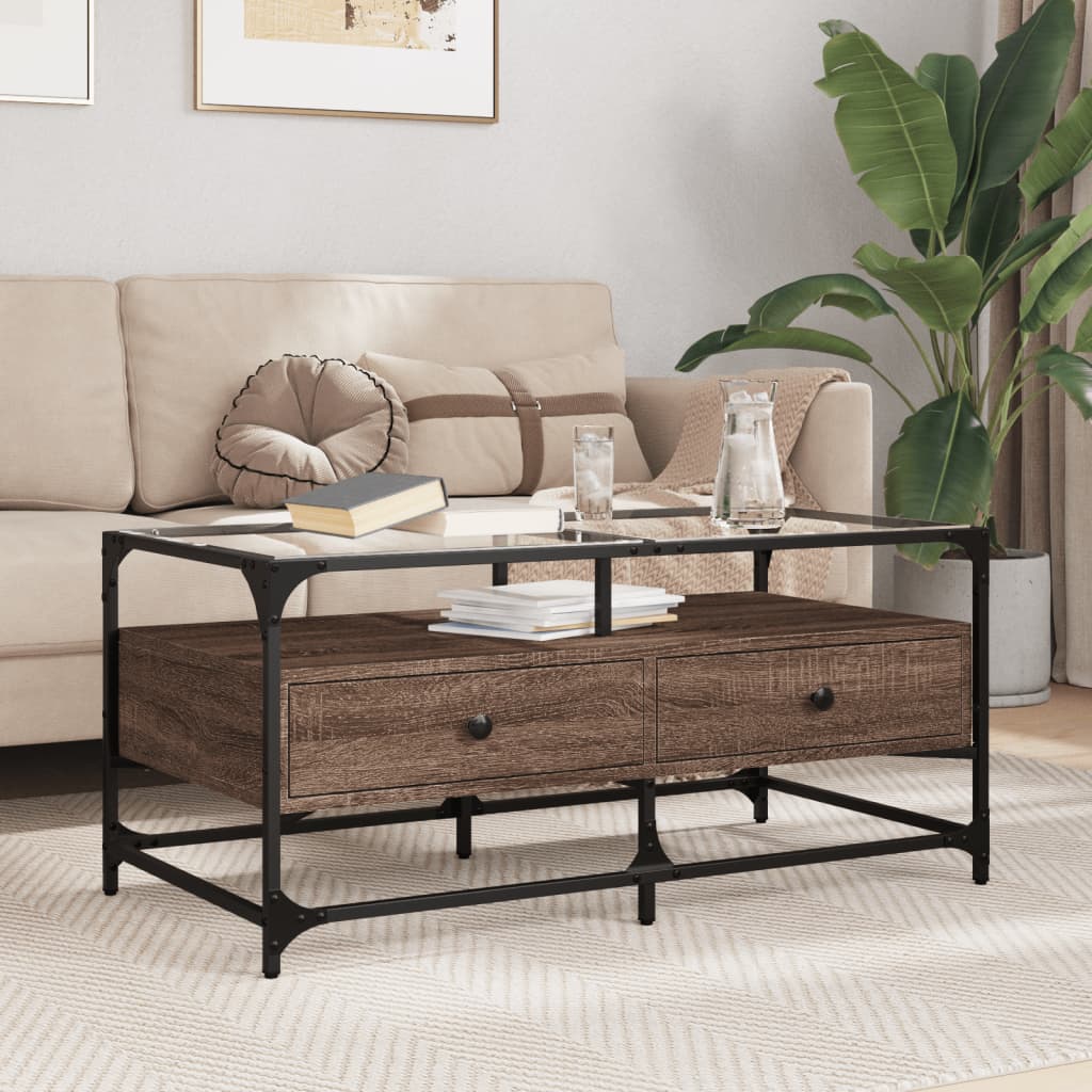 Salontafel met glazen blad 98,5x50x45 cm sonoma eiken staal is nu te koop bij PeponiXL, paradijselijk wonen!