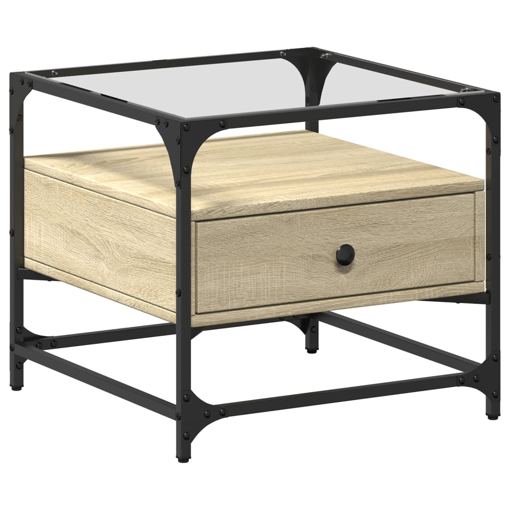 Salontafel met glazen blad 50x50x45 cm sonoma eiken staal is nu te koop bij PeponiXL, paradijselijk wonen!
