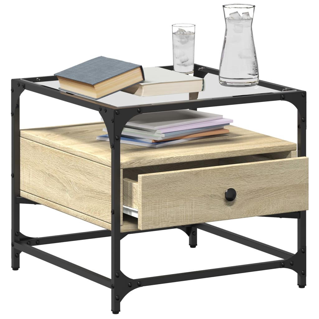 Salontafel met glazen blad 50x50x45 cm sonoma eiken staal is nu te koop bij PeponiXL, paradijselijk wonen!