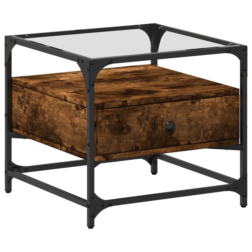 Salontafel met glazen blad 50x50x45 cm gerookt eiken staal is nu te koop bij PeponiXL, paradijselijk wonen!