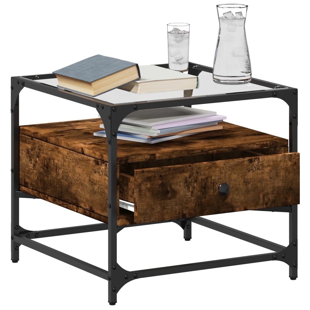 Salontafel met glazen blad 50x50x45 cm gerookt eiken staal is nu te koop bij PeponiXL, paradijselijk wonen!