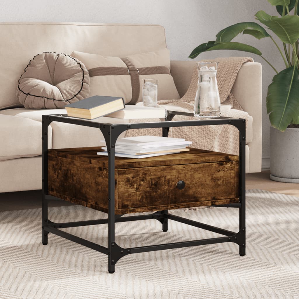 Salontafel met glazen blad 50x50x45 cm gerookt eiken staal is nu te koop bij PeponiXL, paradijselijk wonen!