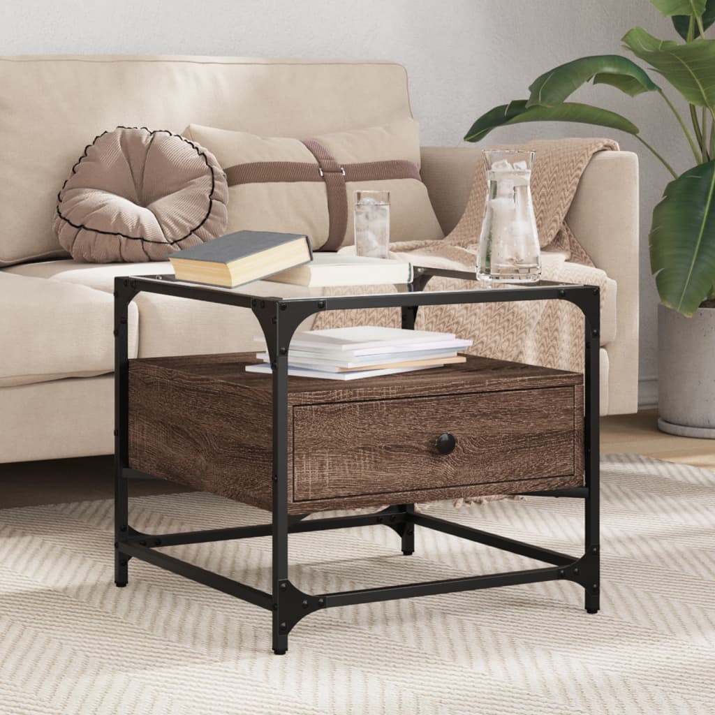 Salontafel met glazen blad 50x50x45 cm bruineiken staal is nu te koop bij PeponiXL, paradijselijk wonen!