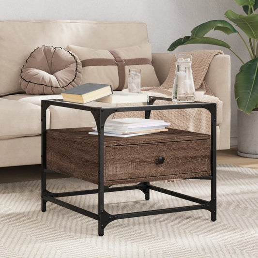 Salontafel met glazen blad 50x50x45 cm bruineiken staal is nu te koop bij PeponiXL, paradijselijk wonen!