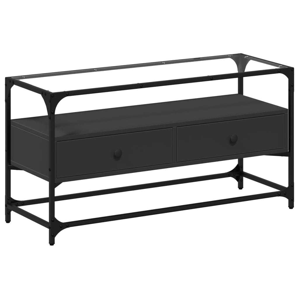 Tv-meubel met glazen blad 98x35x51 cm bewerkt hout zwart is nu te koop bij PeponiXL, paradijselijk wonen!
