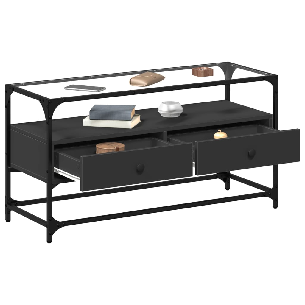 Tv-meubel met glazen blad 98x35x51 cm bewerkt hout zwart is nu te koop bij PeponiXL, paradijselijk wonen!