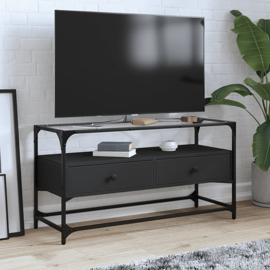 Tv-meubel met glazen blad 98x35x51 cm bewerkt hout zwart is nu te koop bij PeponiXL, paradijselijk wonen!