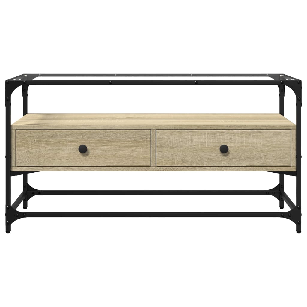Tv-meubel met glazen blad 98x35x51 cm bewerkt hout sonoma eiken is nu te koop bij PeponiXL, paradijselijk wonen!