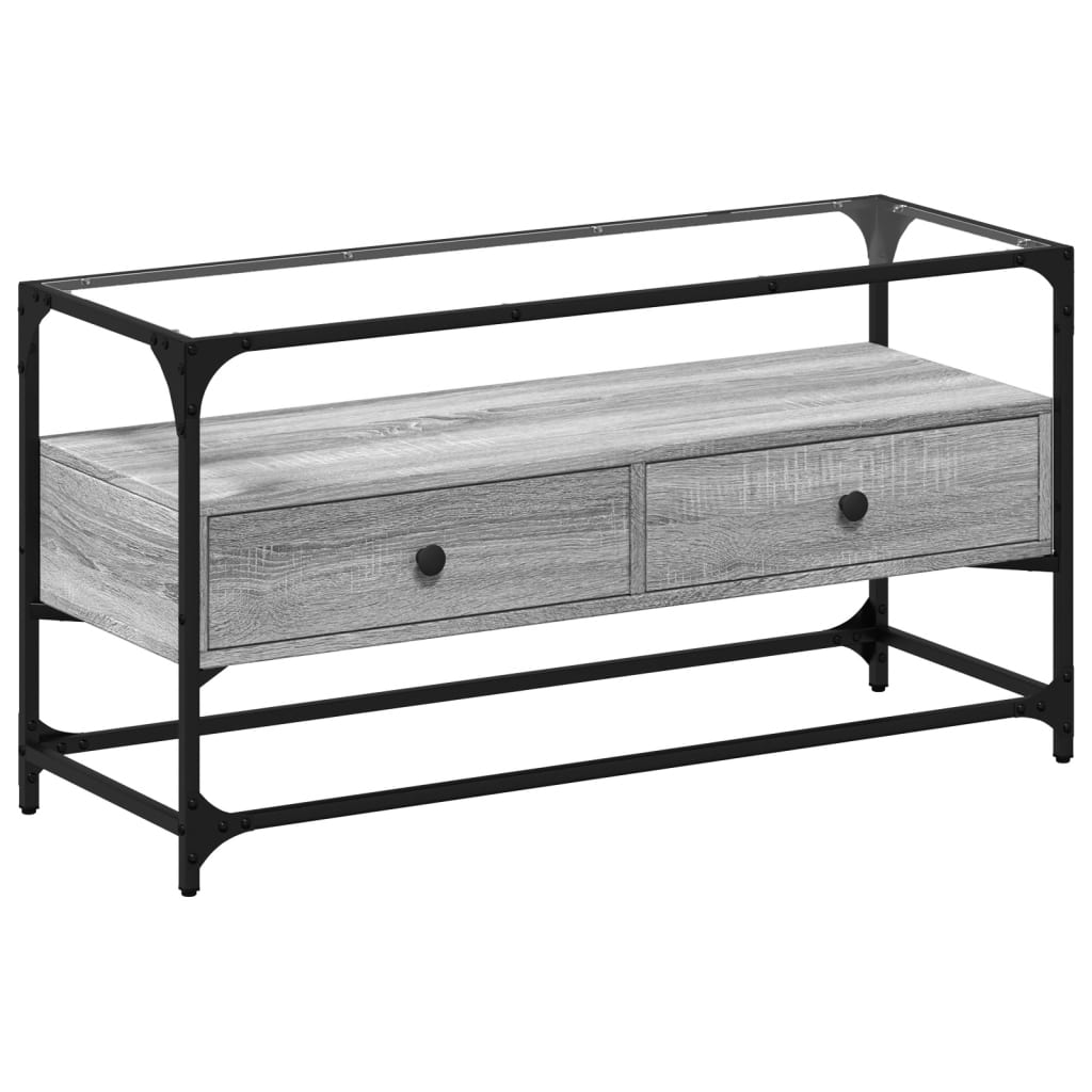 Tv-meubel met glazen blad 98x35x51 cm bewerkt hout grijs sonoma is nu te koop bij PeponiXL, paradijselijk wonen!