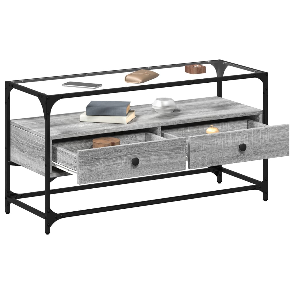Tv-meubel met glazen blad 98x35x51 cm bewerkt hout grijs sonoma is nu te koop bij PeponiXL, paradijselijk wonen!