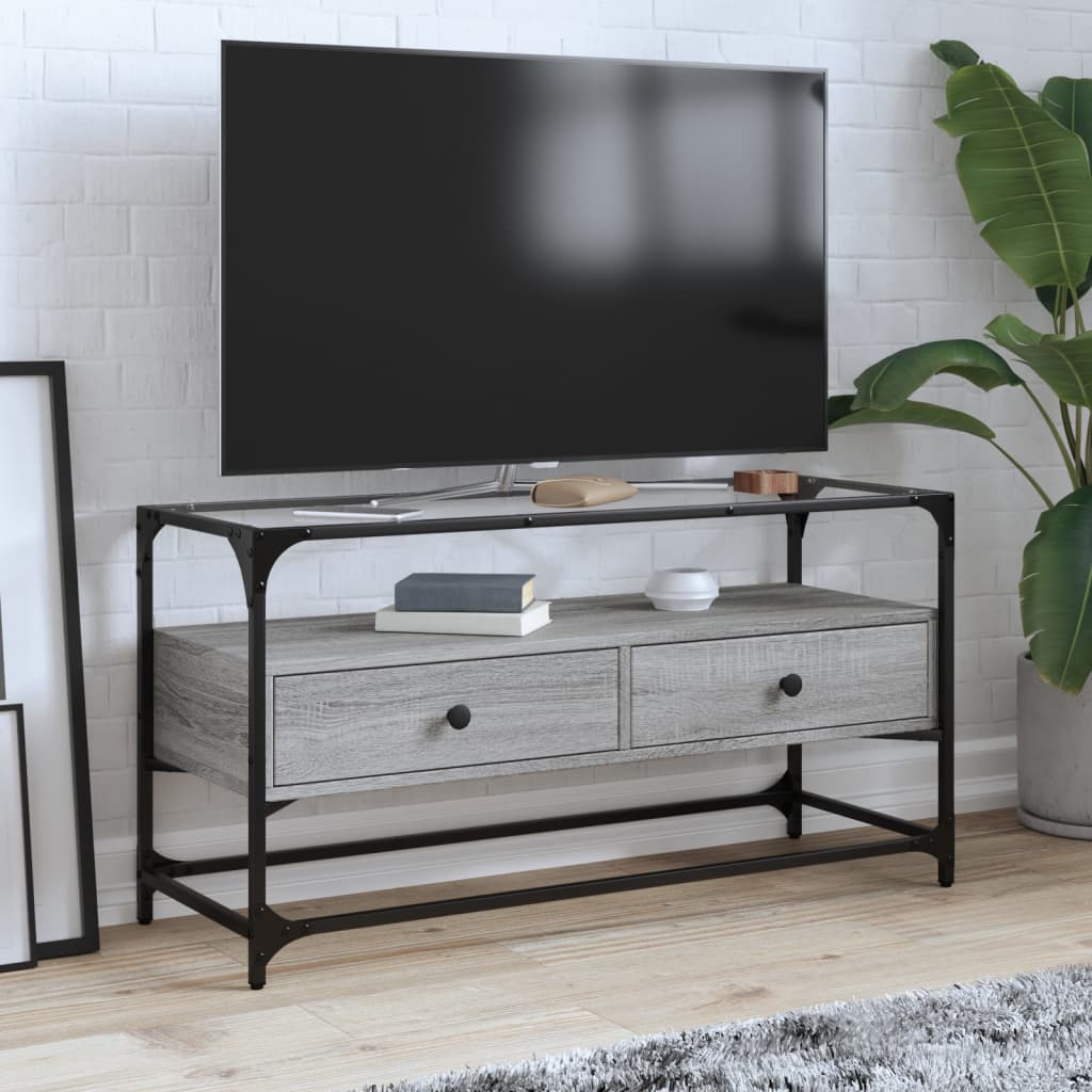 Tv-meubel met glazen blad 98x35x51 cm bewerkt hout grijs sonoma is nu te koop bij PeponiXL, paradijselijk wonen!