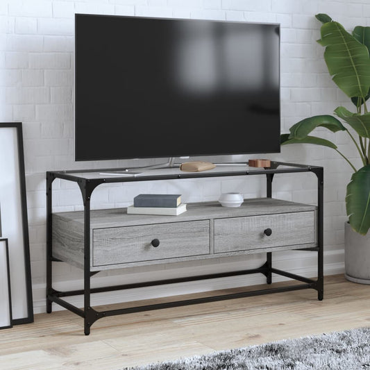 Tv-meubel met glazen blad 98x35x51 cm bewerkt hout grijs sonoma is nu te koop bij PeponiXL, paradijselijk wonen!