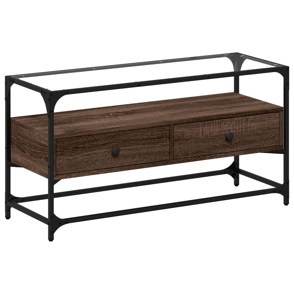 Tv-meubel met glazen blad 98x35x51 cm hout bruin eikenkleurig is nu te koop bij PeponiXL, paradijselijk wonen!