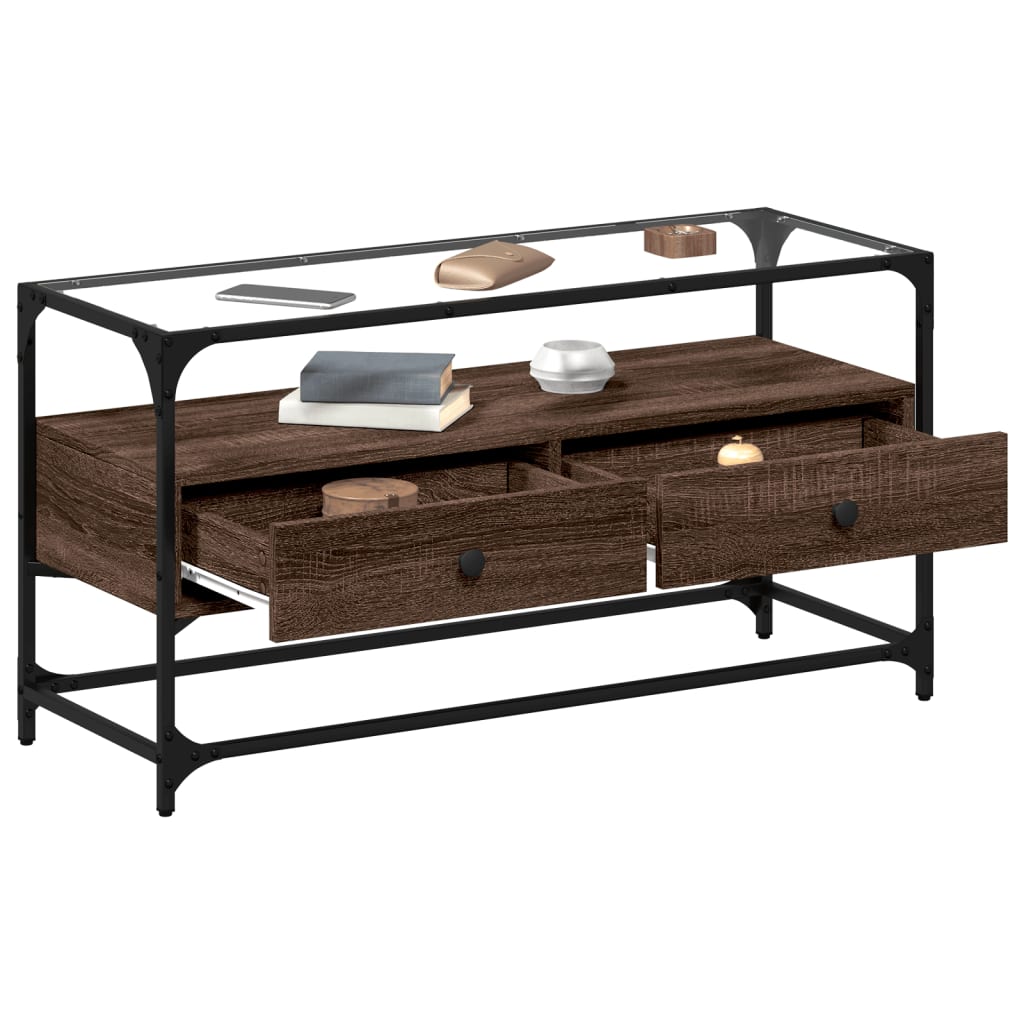Tv-meubel met glazen blad 98x35x51 cm hout bruin eikenkleurig is nu te koop bij PeponiXL, paradijselijk wonen!