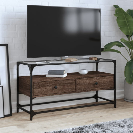 Tv-meubel met glazen blad 98x35x51 cm hout bruin eikenkleurig is nu te koop bij PeponiXL, paradijselijk wonen!