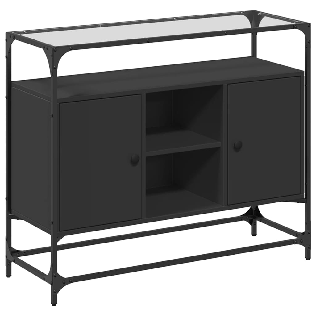 Dressoir met glazen blad 98x35x81 cm bewerkt hout zwart is nu te koop bij PeponiXL, paradijselijk wonen!