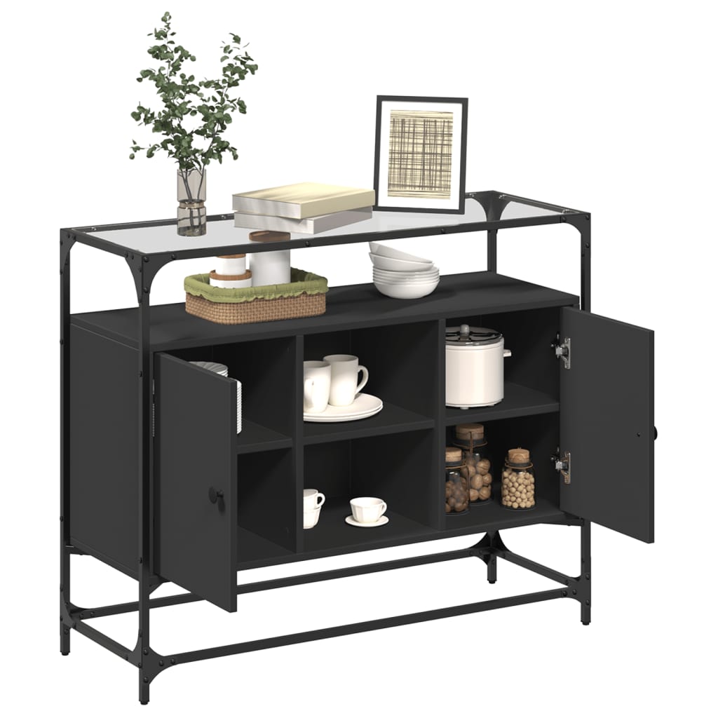 Dressoir met glazen blad 98x35x81 cm bewerkt hout zwart is nu te koop bij PeponiXL, paradijselijk wonen!