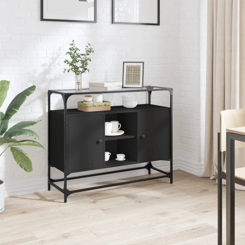 Dressoir met glazen blad 98x35x81 cm bewerkt hout zwart is nu te koop bij PeponiXL, paradijselijk wonen!