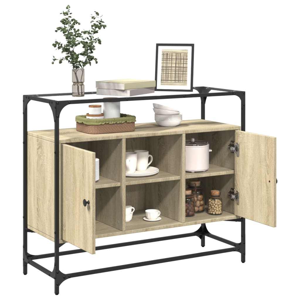 Dressoir met glazen blad 98x35x81 cm hout sonoma eikenkleurig is nu te koop bij PeponiXL, paradijselijk wonen!