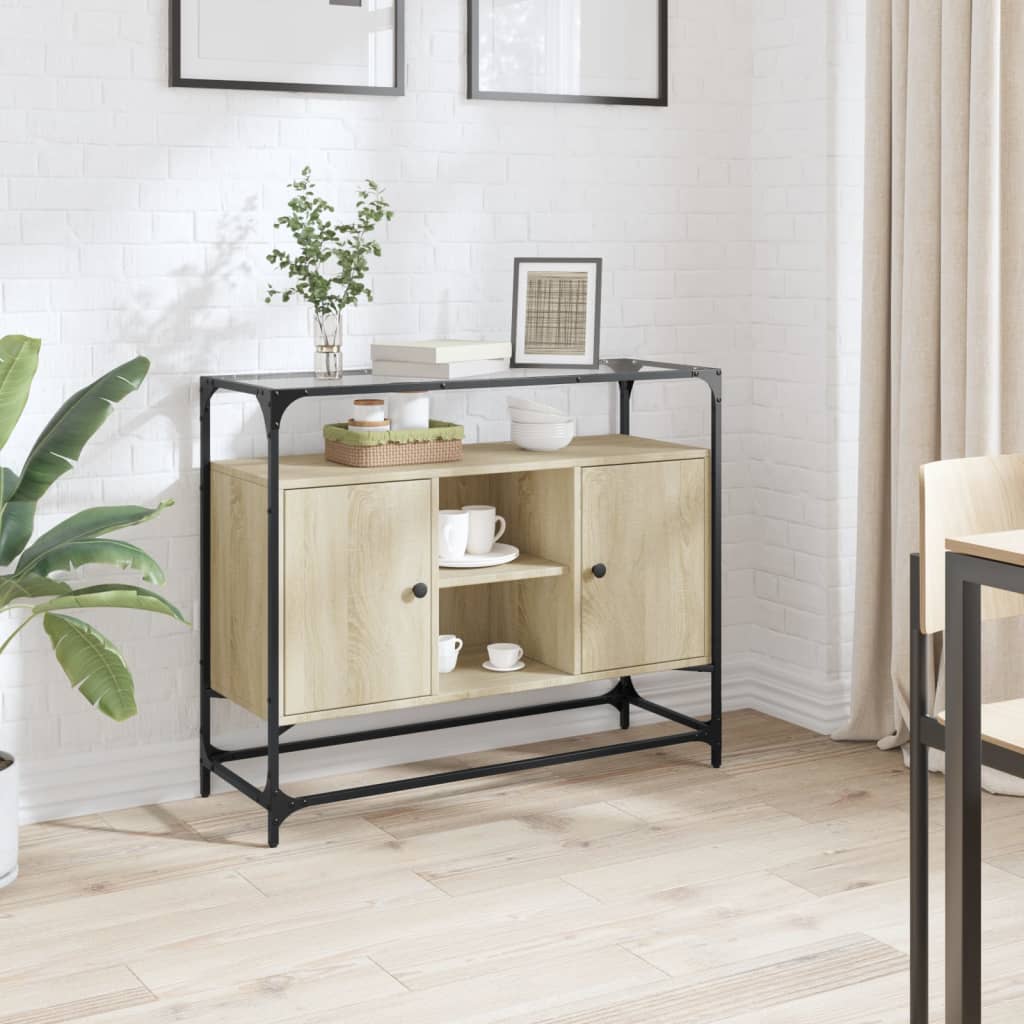 Dressoir met glazen blad 98x35x81 cm hout sonoma eikenkleurig is nu te koop bij PeponiXL, paradijselijk wonen!