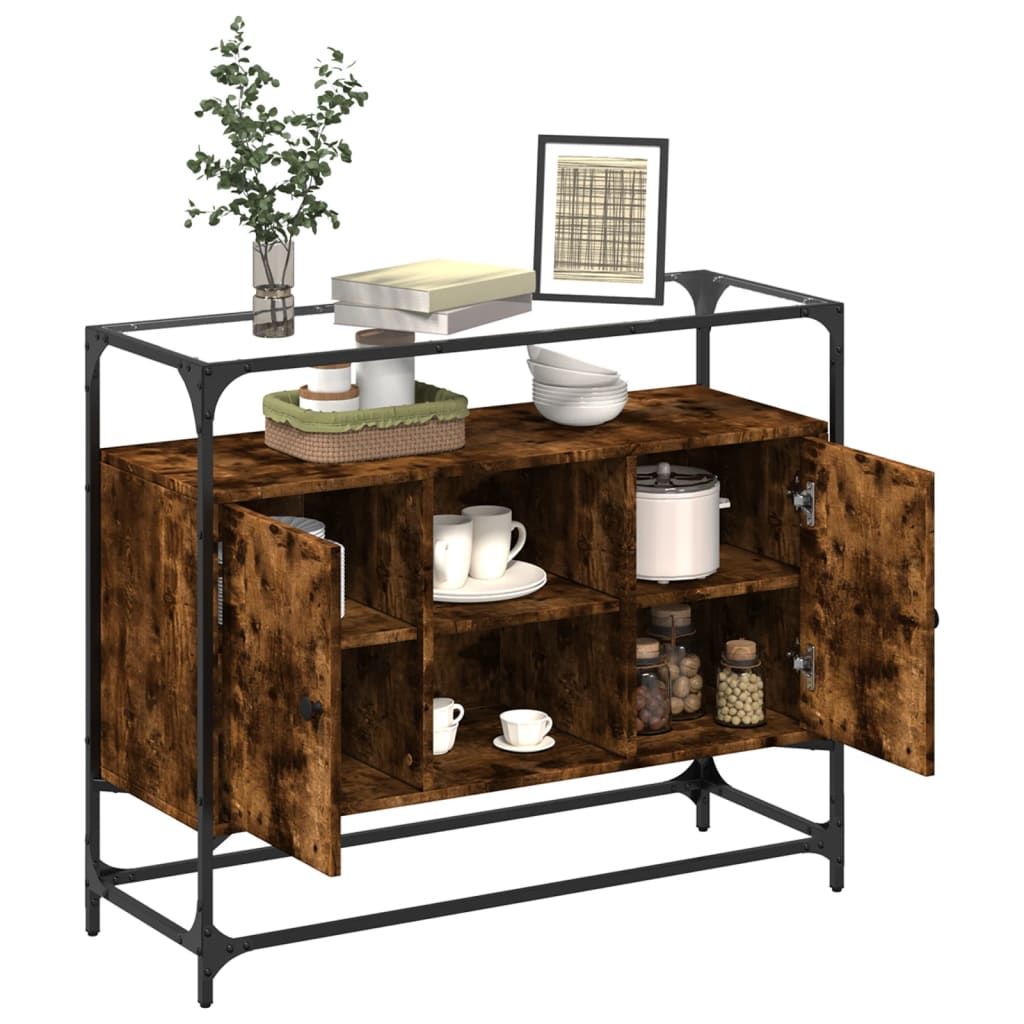 Dressoir met glazen blad 98x35x81 cm hout gerookt eikenkleurig is nu te koop bij PeponiXL, paradijselijk wonen!