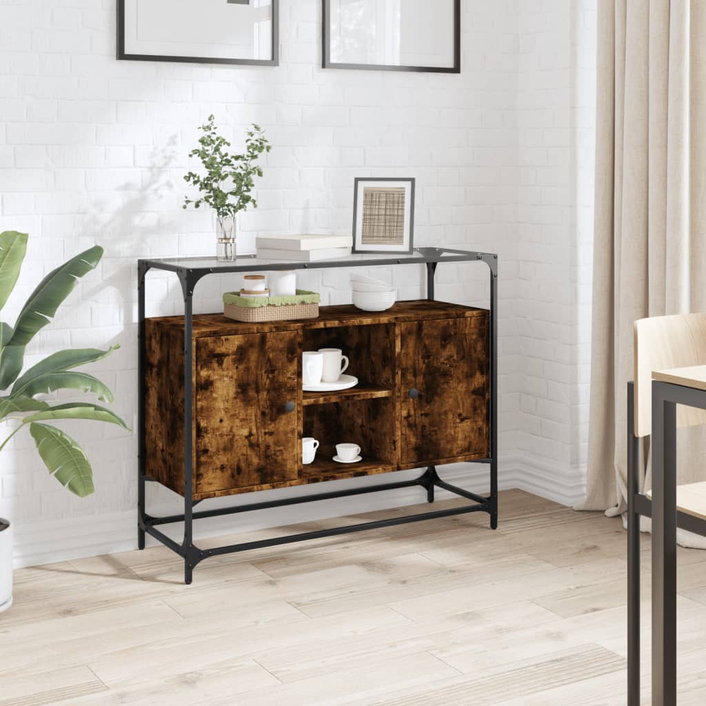 Dressoir met glazen blad 98x35x81 cm hout gerookt eikenkleurig is nu te koop bij PeponiXL, paradijselijk wonen!