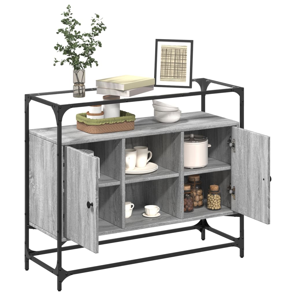 Dressoir met glazen blad 98x35x81 cm bewerkt hout grijs sonoma is nu te koop bij PeponiXL, paradijselijk wonen!