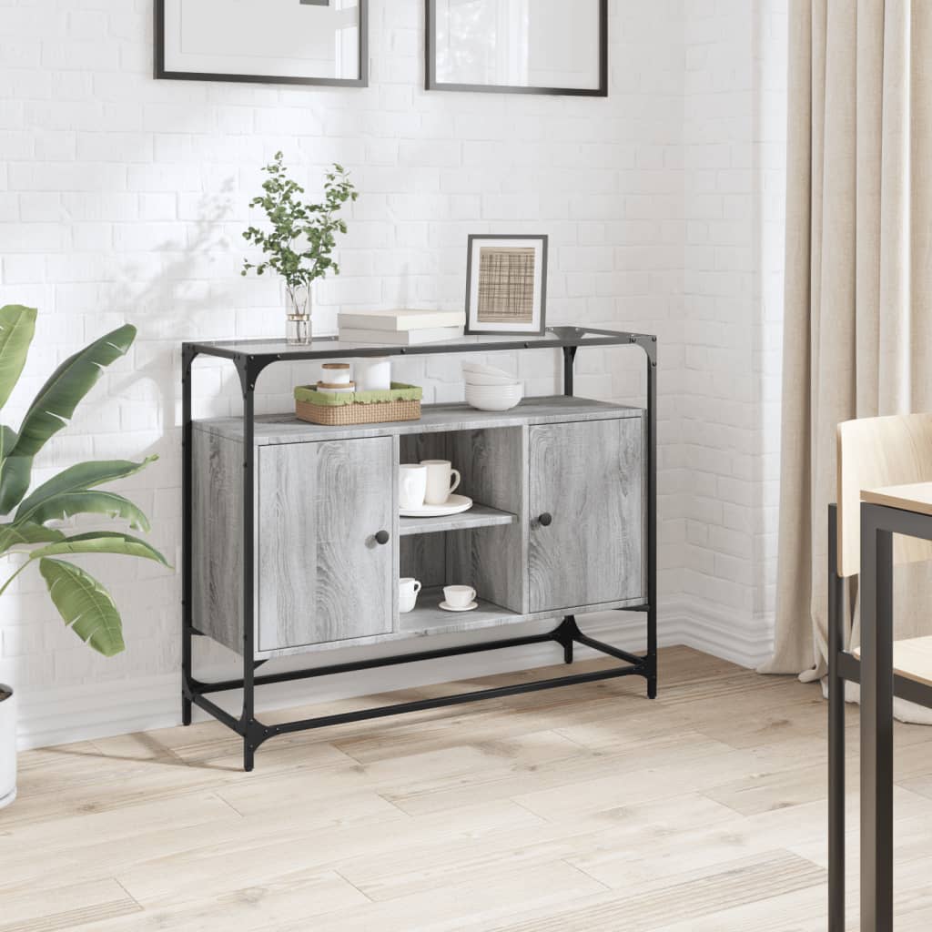 Dressoir met glazen blad 98x35x81 cm bewerkt hout grijs sonoma is nu te koop bij PeponiXL, paradijselijk wonen!