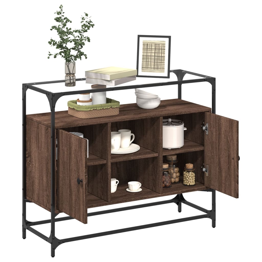 Dressoir met glazen blad 98x35x81 cm hout bruin eikenkleurig is nu te koop bij PeponiXL, paradijselijk wonen!