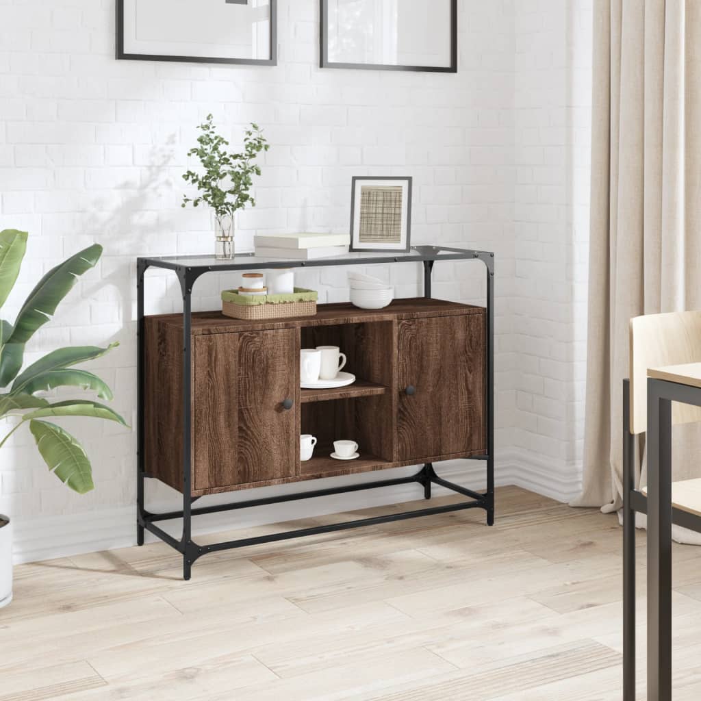 Dressoir met glazen blad 98x35x81 cm hout bruin eikenkleurig is nu te koop bij PeponiXL, paradijselijk wonen!