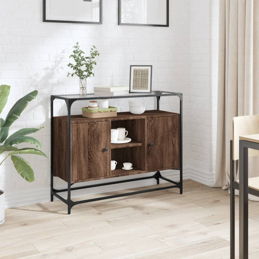 Dressoir met glazen blad 98x35x81 cm hout bruin eikenkleurig is nu te koop bij PeponiXL, paradijselijk wonen!