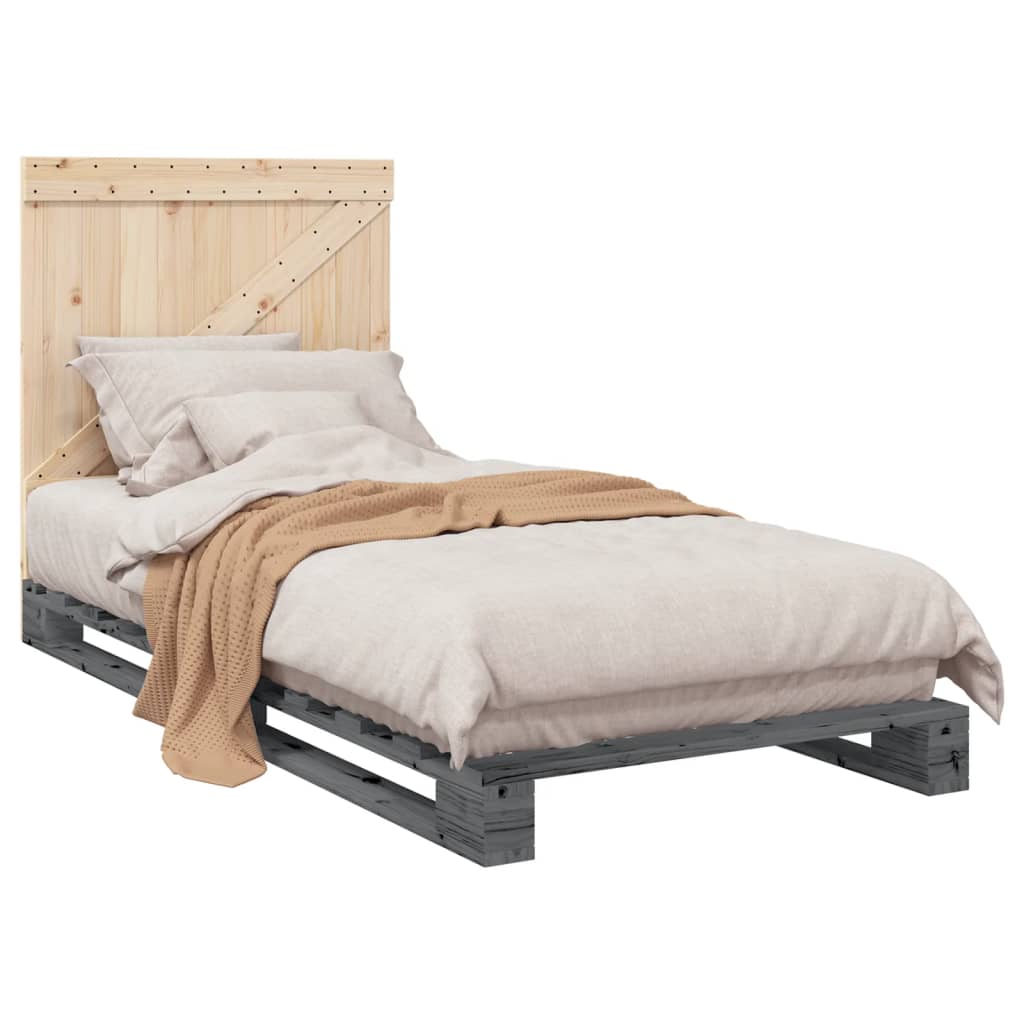 Bedframe met hoofdbord massief grenenhout grijs 90x200 cm is nu te koop bij PeponiXL, paradijselijk wonen!