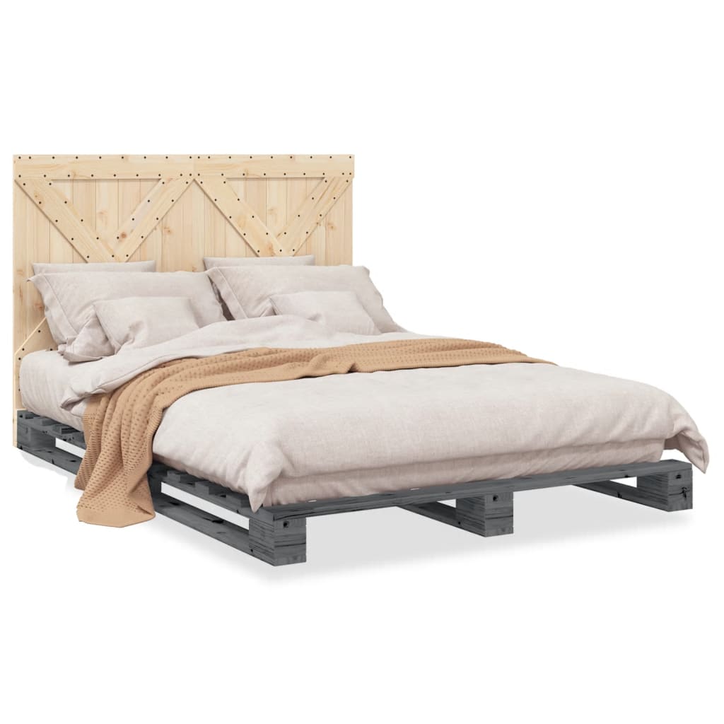 Bedframe met hoofdbord massief grenenhout grijs 160x200 cm is nu te koop bij PeponiXL, paradijselijk wonen!