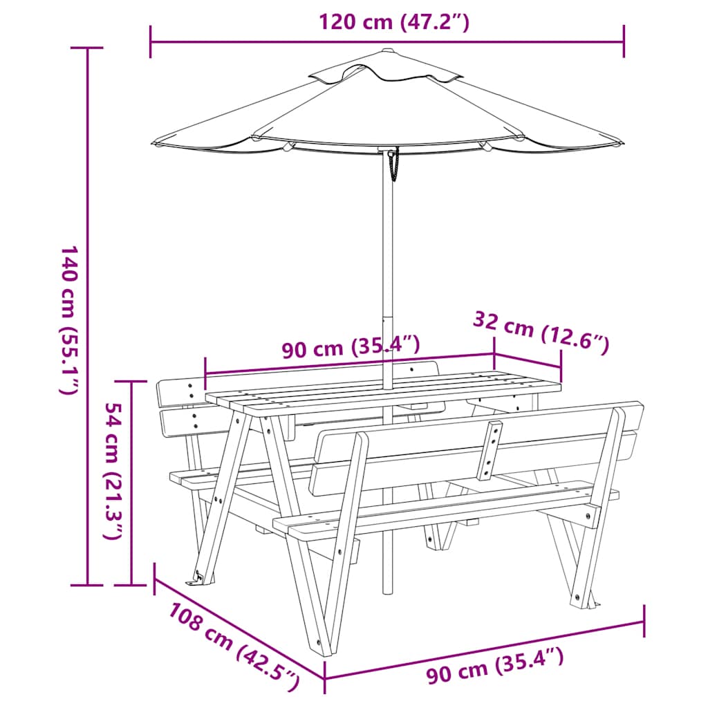 Picknicktafel voor 4 kinderen met parasol massief vurenhout is nu te koop bij PeponiXL, paradijselijk wonen!