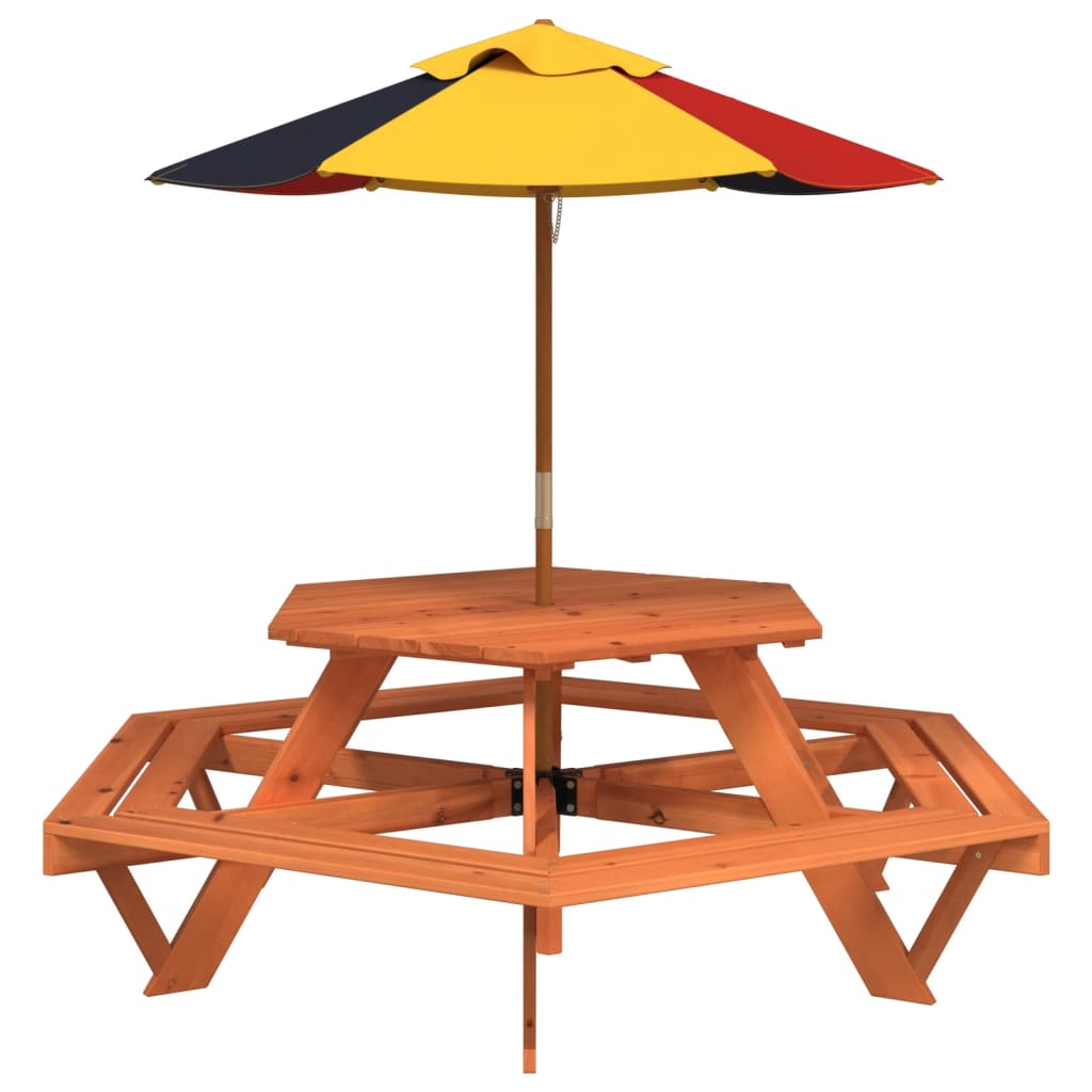 Picknicktafel voor 4 kinderen met parasol zeshoekig vurenhout is nu te koop bij PeponiXL, paradijselijk wonen!
