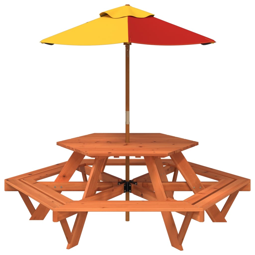 Picknicktafel voor 4 kinderen met parasol zeshoekig vurenhout is nu te koop bij PeponiXL, paradijselijk wonen!
