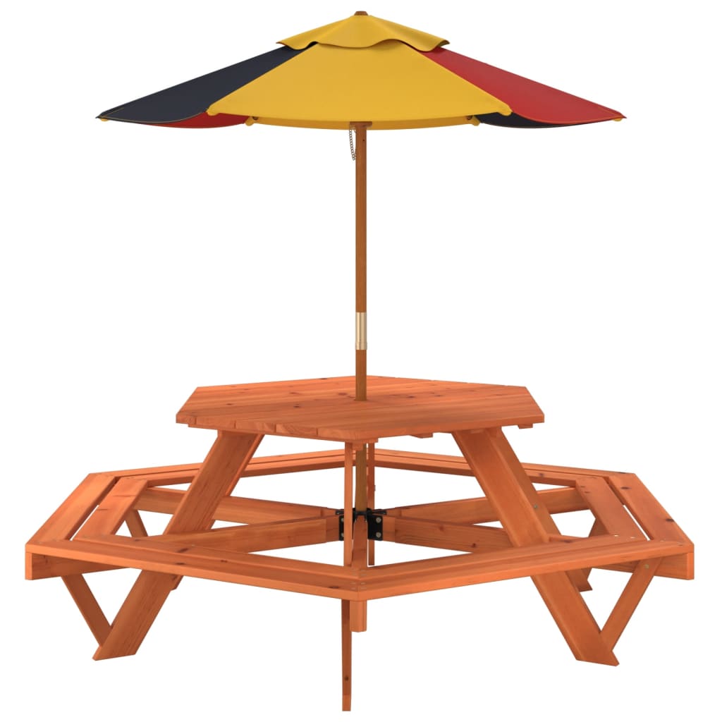 Picknicktafel voor 4 kinderen met parasol zeshoekig vurenhout is nu te koop bij PeponiXL, paradijselijk wonen!