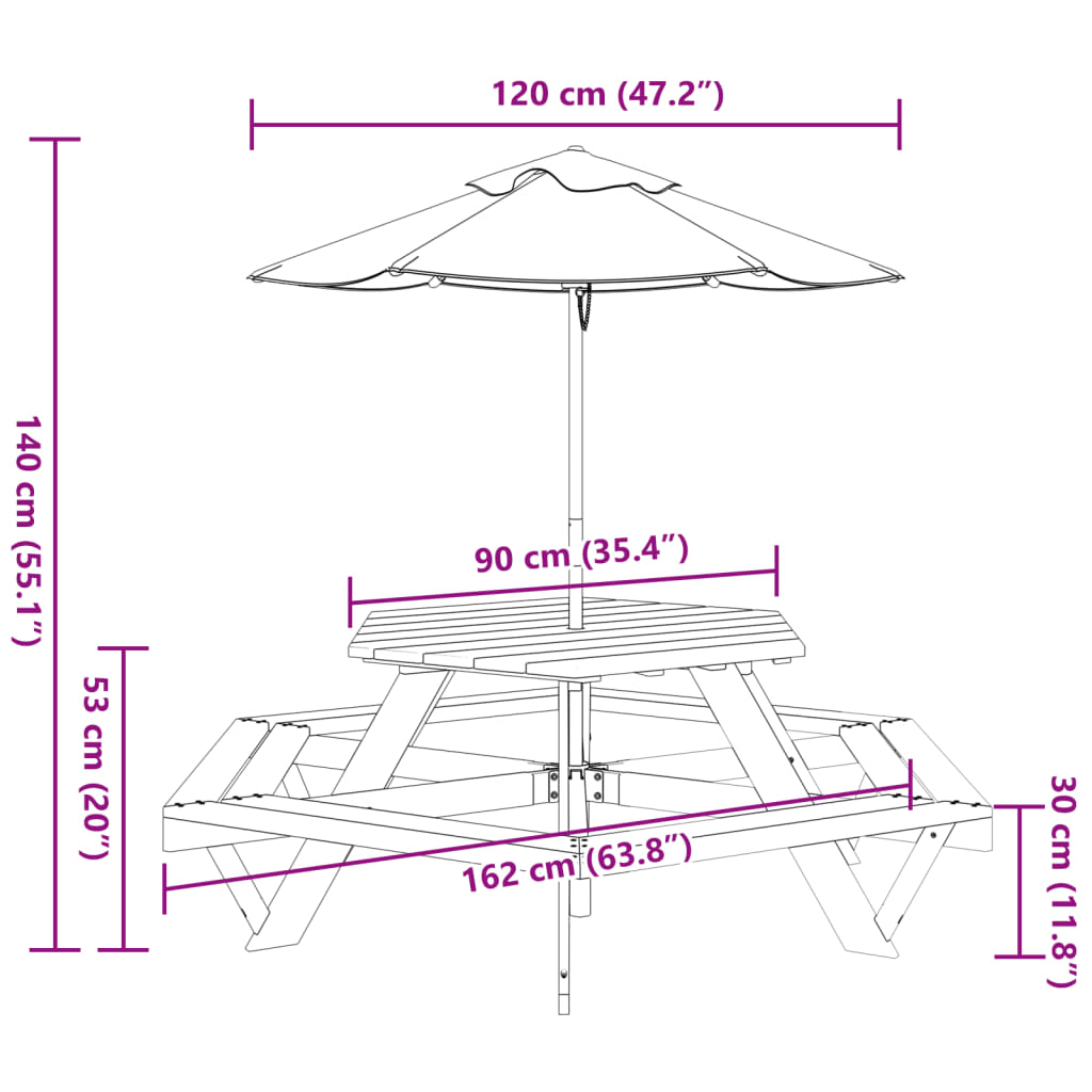 Picknicktafel voor 4 kinderen met parasol zeshoekig vurenhout is nu te koop bij PeponiXL, paradijselijk wonen!
