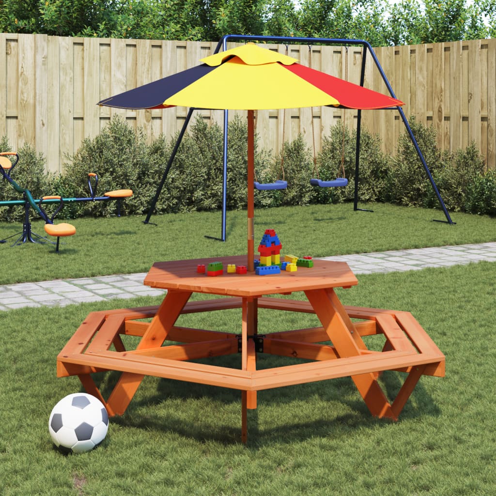 Picknicktafel voor 4 kinderen met parasol zeshoekig vurenhout is nu te koop bij PeponiXL, paradijselijk wonen!
