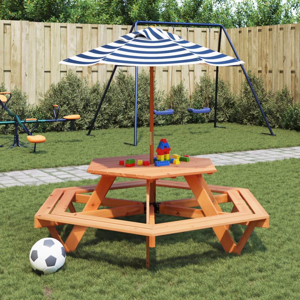 Picknicktafel voor 4 kinderen met parasol zeshoekig vurenhout is nu te koop bij PeponiXL, paradijselijk wonen!